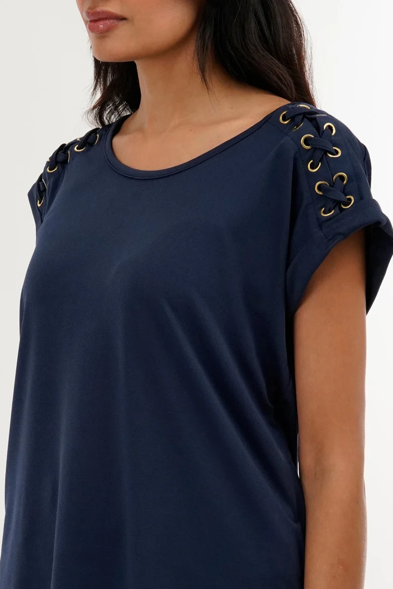 Shoulder Lace Up Tee - Navy - Image 4