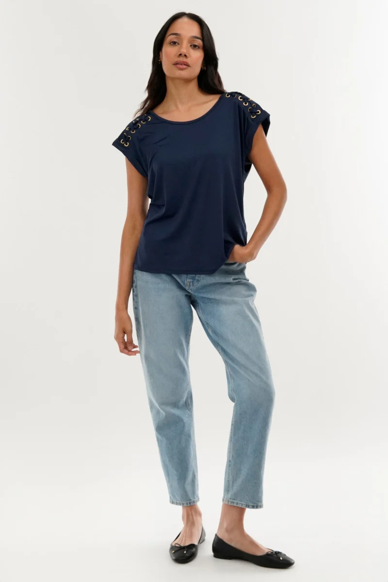 Shoulder Lace Up Tee - Navy - Image 5