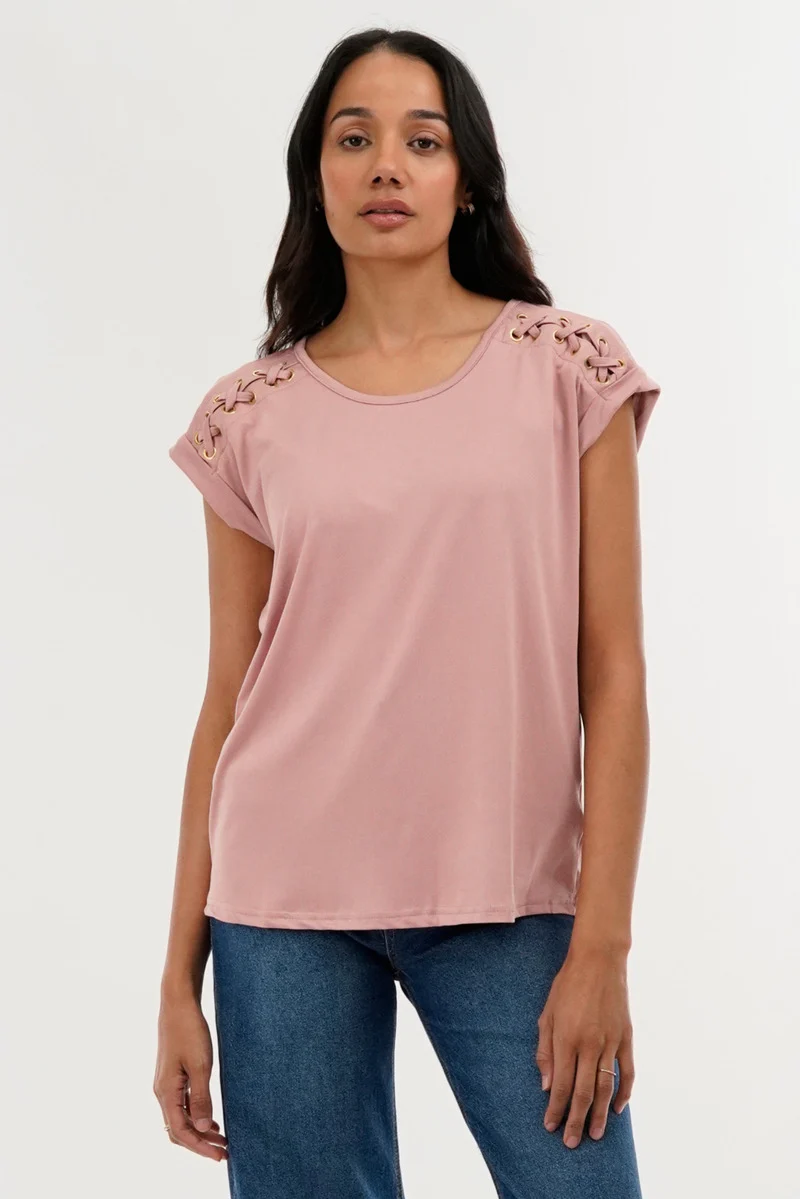 Shoulder Lace Up Tee - Pink