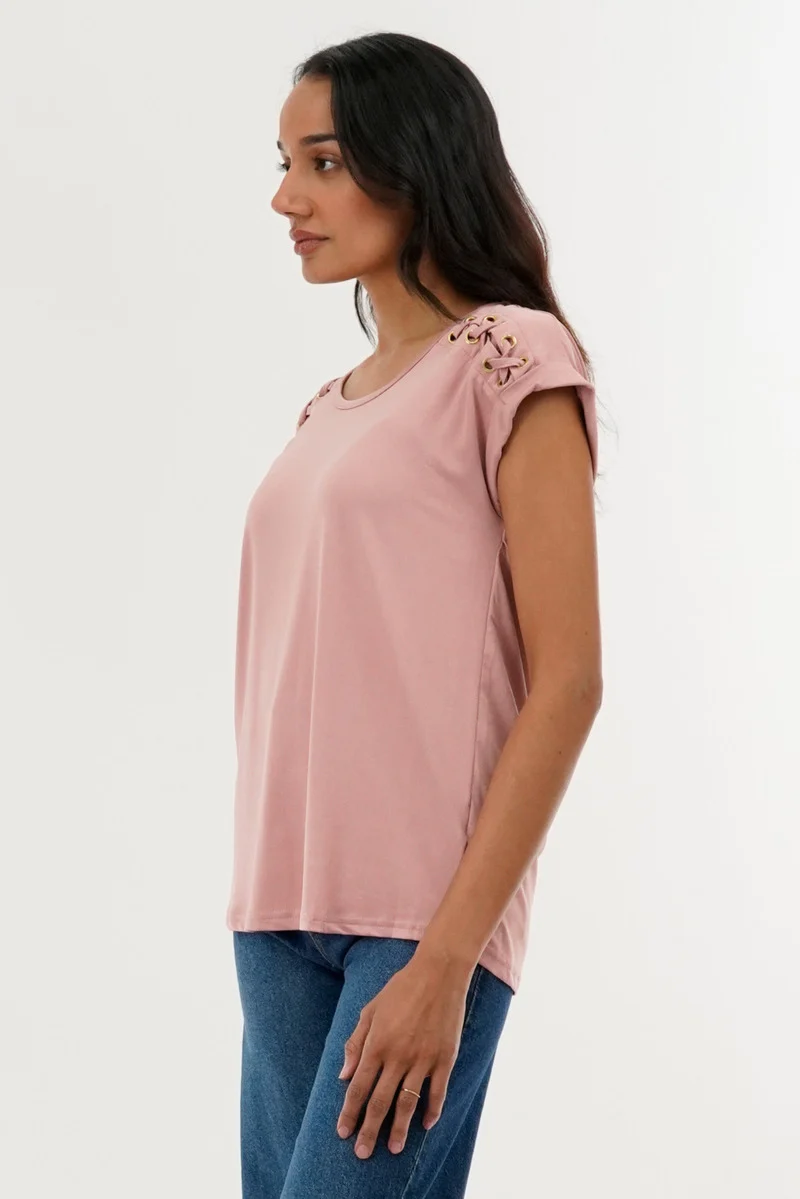 Shoulder Lace Up Tee - Pink - Image 2