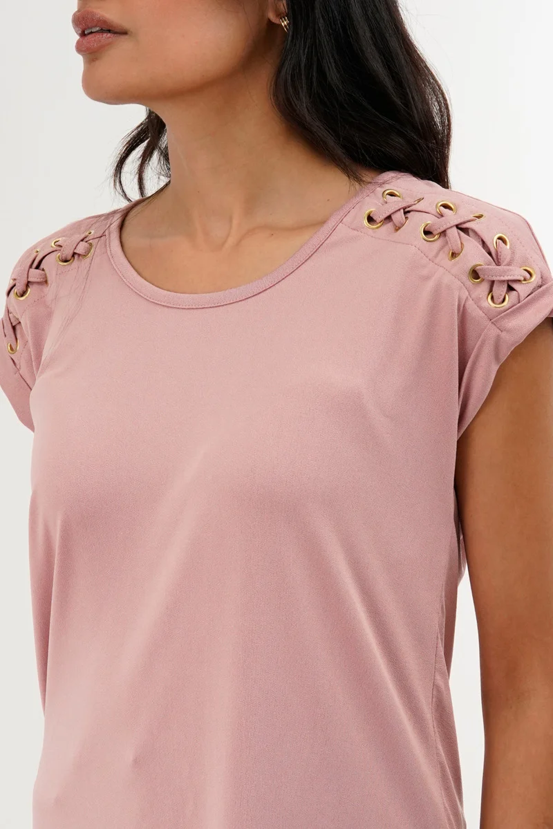 Shoulder Lace Up Tee - Pink - Image 4