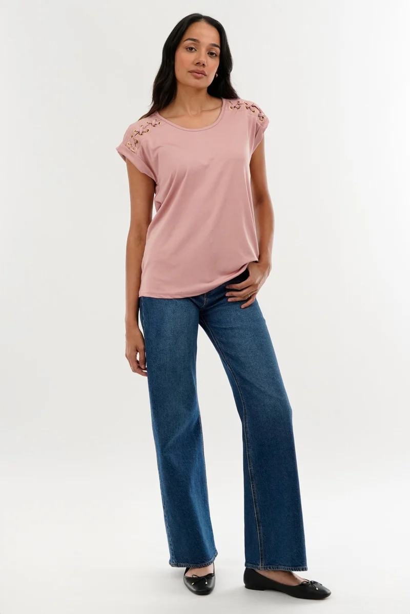 Shoulder Lace Up Tee - Pink - Image 5