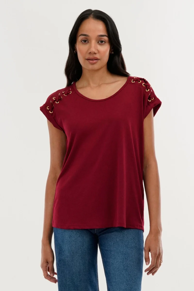 Shoulder Lace Up Tee - Burgundy