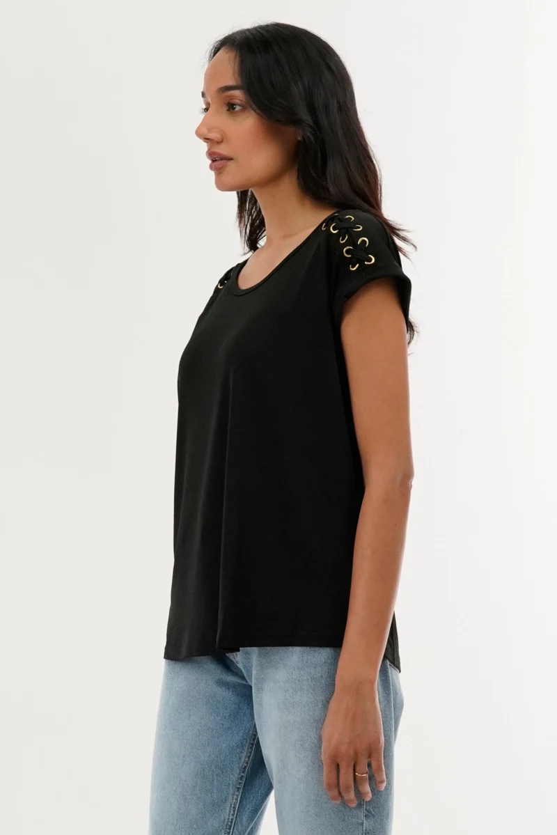 Shoulder Lace Up Tee - Black - Image 2
