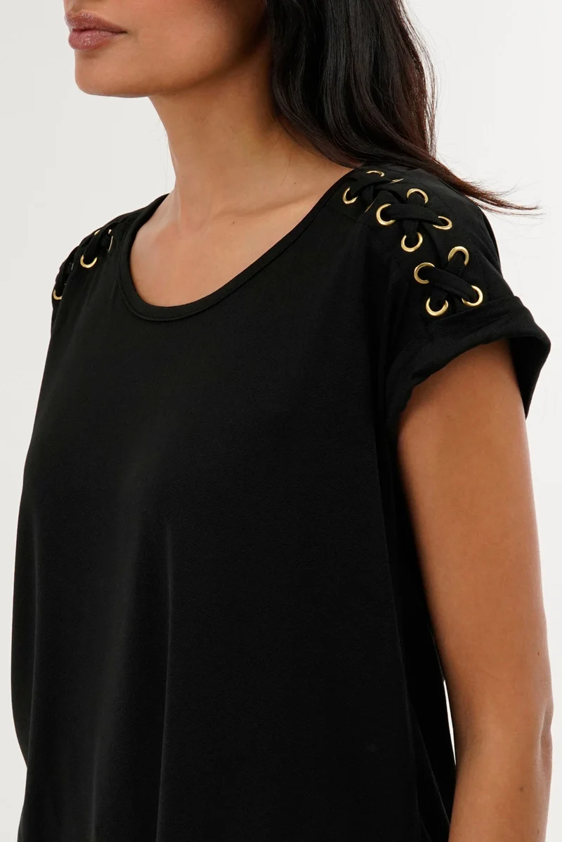 Shoulder Lace Up Tee - Black - Image 4