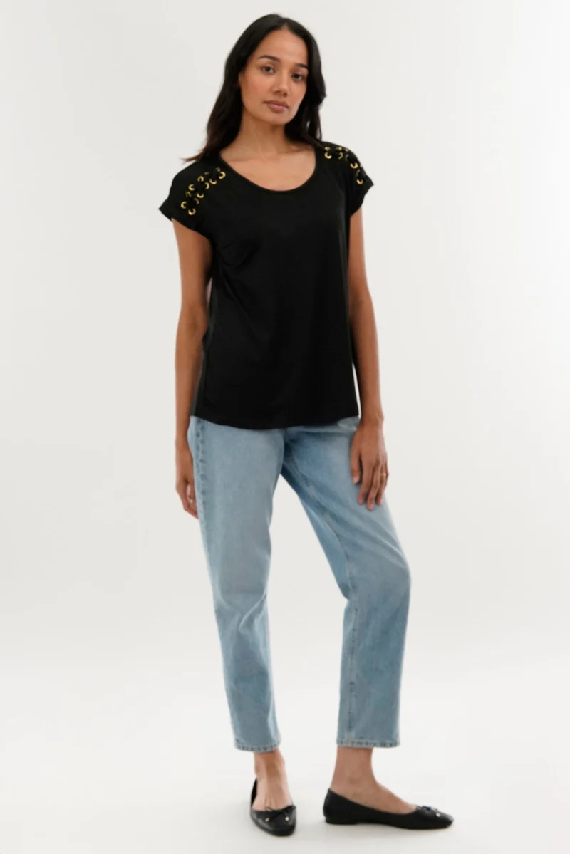 Shoulder Lace Up Tee - Black - Image 5
