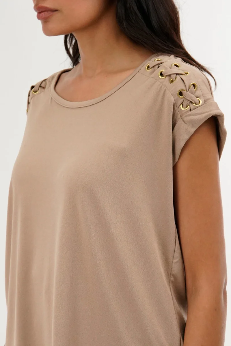 Shoulder Lace Up Tee - Taupe - Image 4