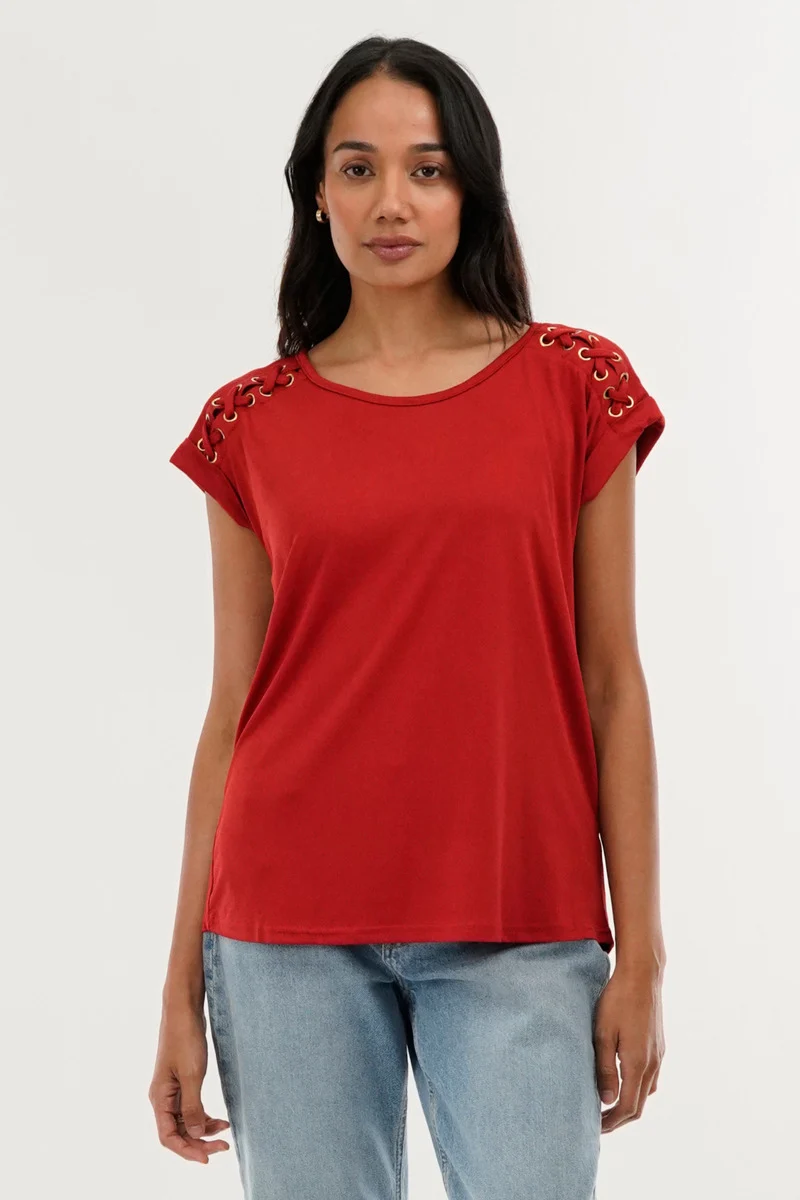 Shoulder Lace Up Tee - Coral