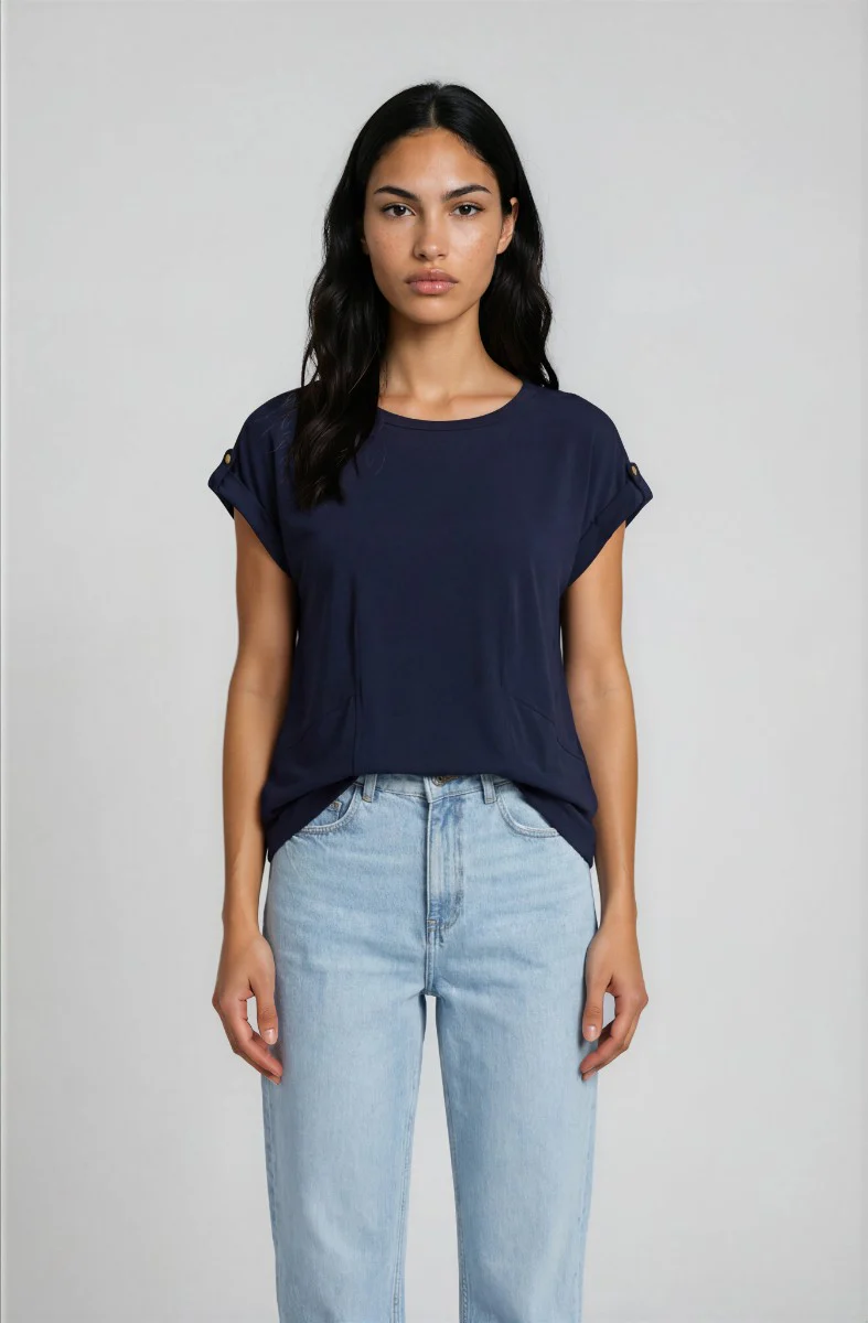 Short Sleeve Crew Neck Top - Navy