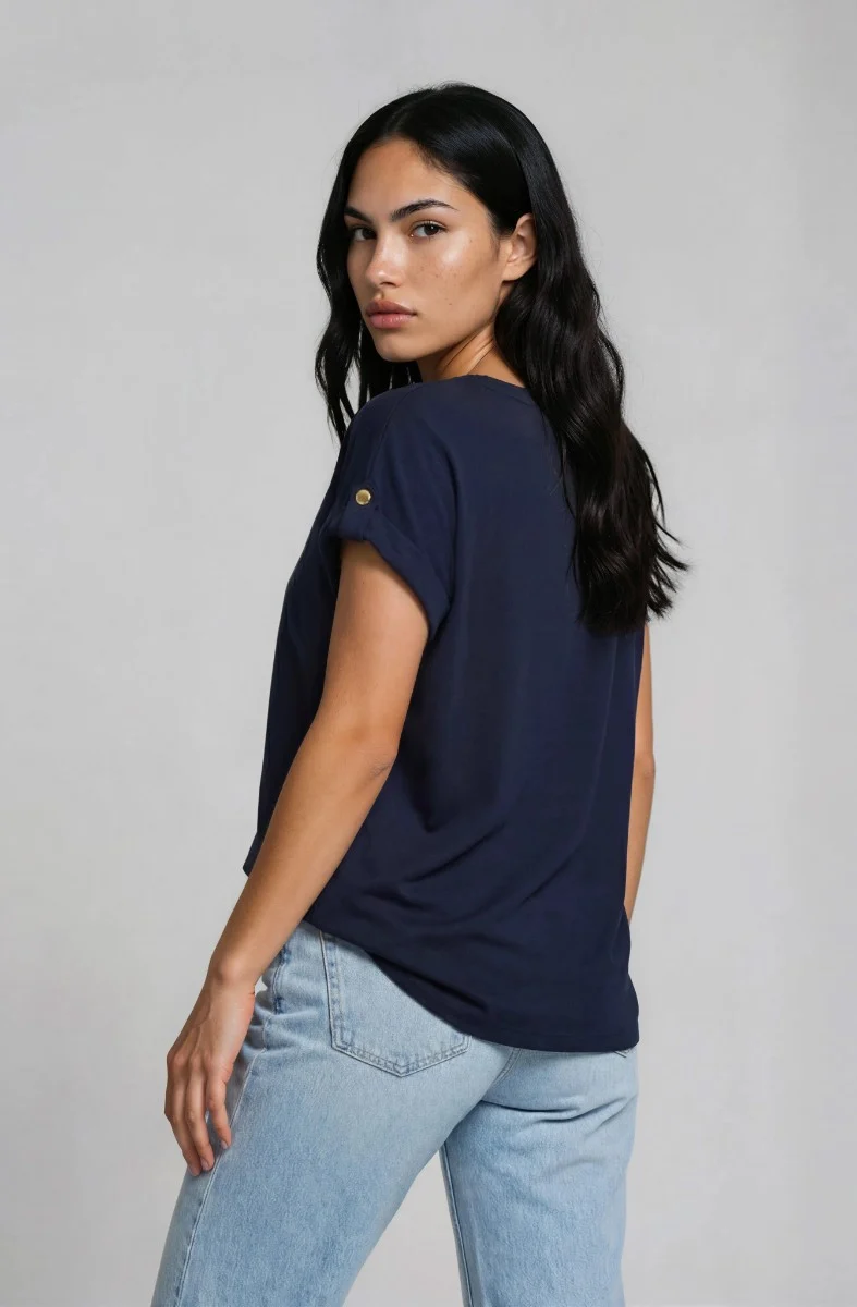 Short Sleeve Crew Neck Top - Navy - Image 2