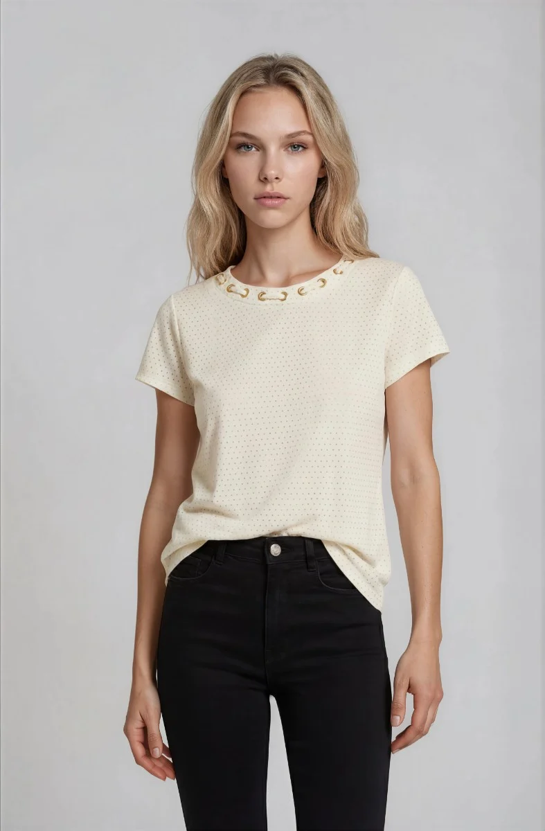 Short Sleeve Top with Grommets - Cream