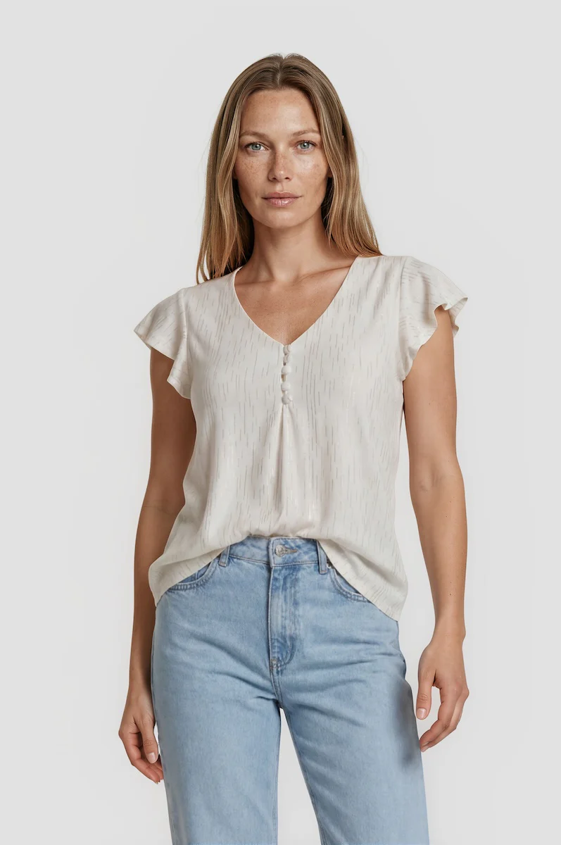 V Neck Frill Sleeve Top - Cream