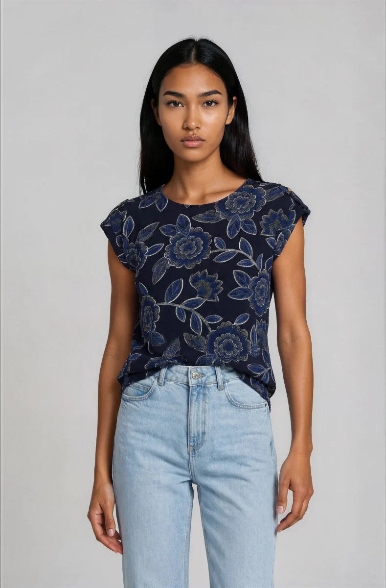 Short Sleeve Top with Back Slit - Navy