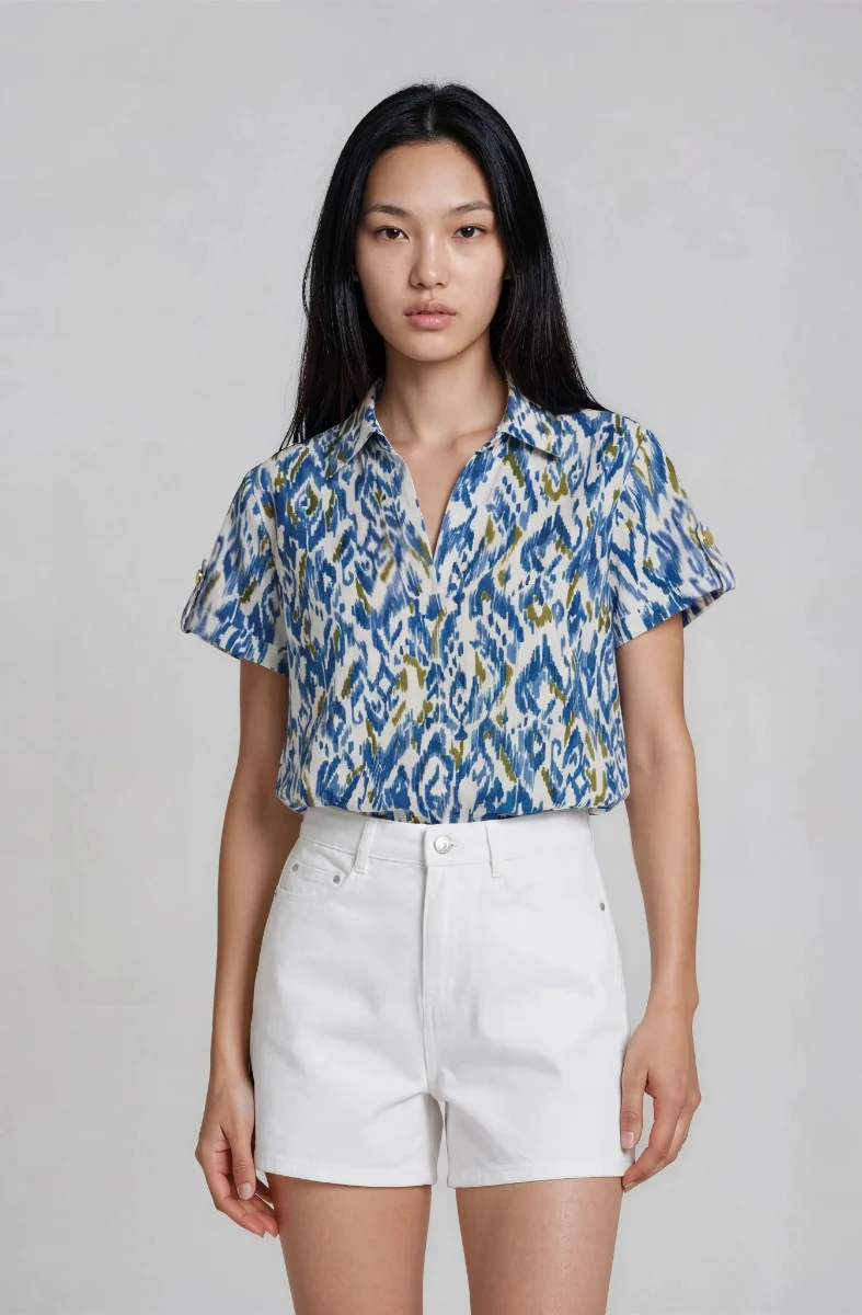 V Neck Collared Top - Blue