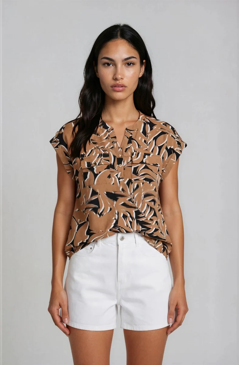 Cap-Sleeve Top with Front Pockets - Brown