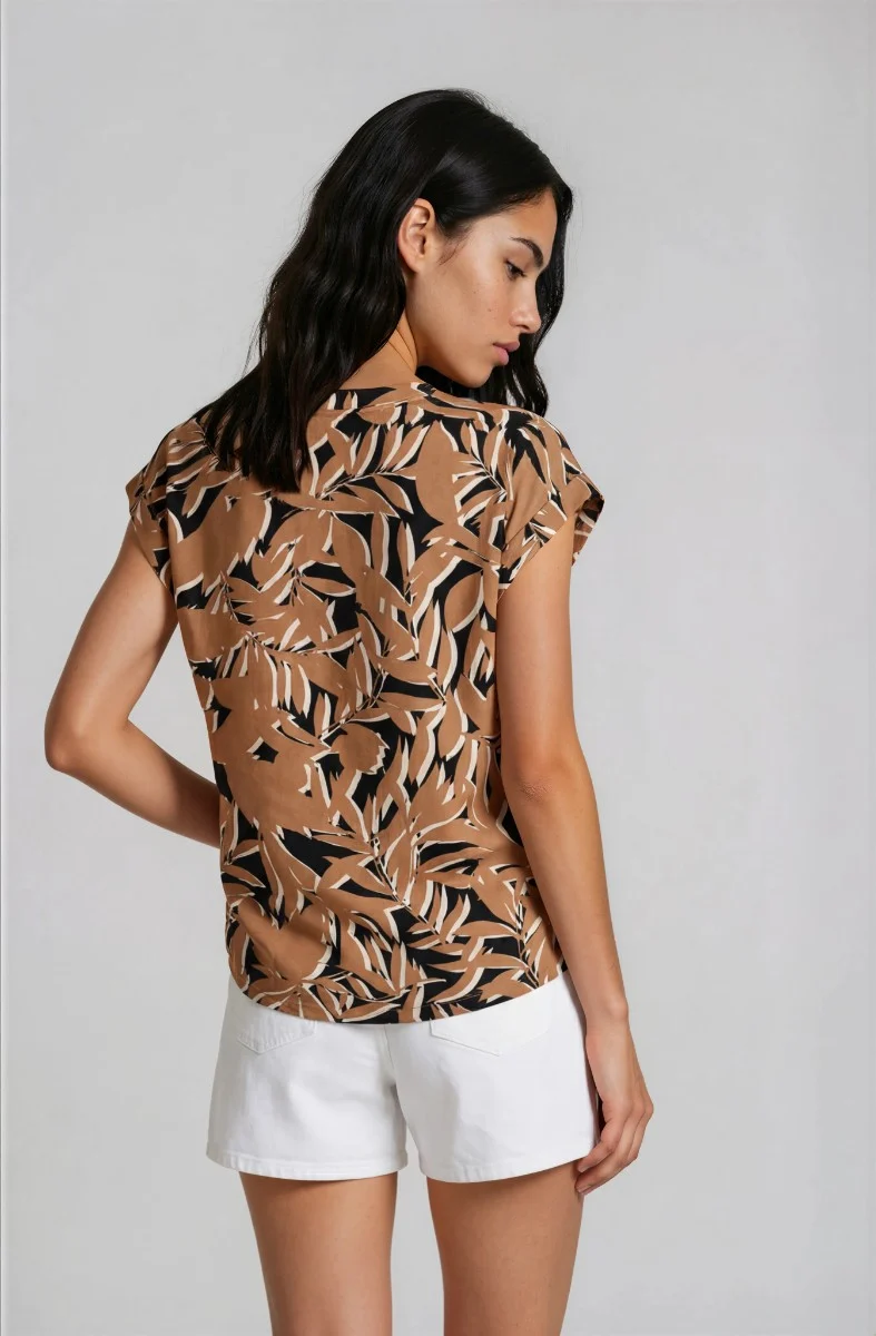 Cap-Sleeve Top with Front Pockets - Brown - Image 2