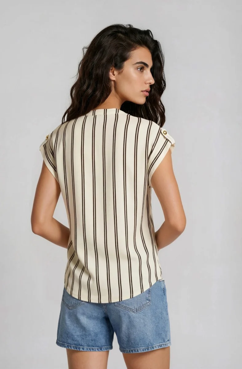 Cap-Sleeve Top with Front Pockets - Cream - Image 2
