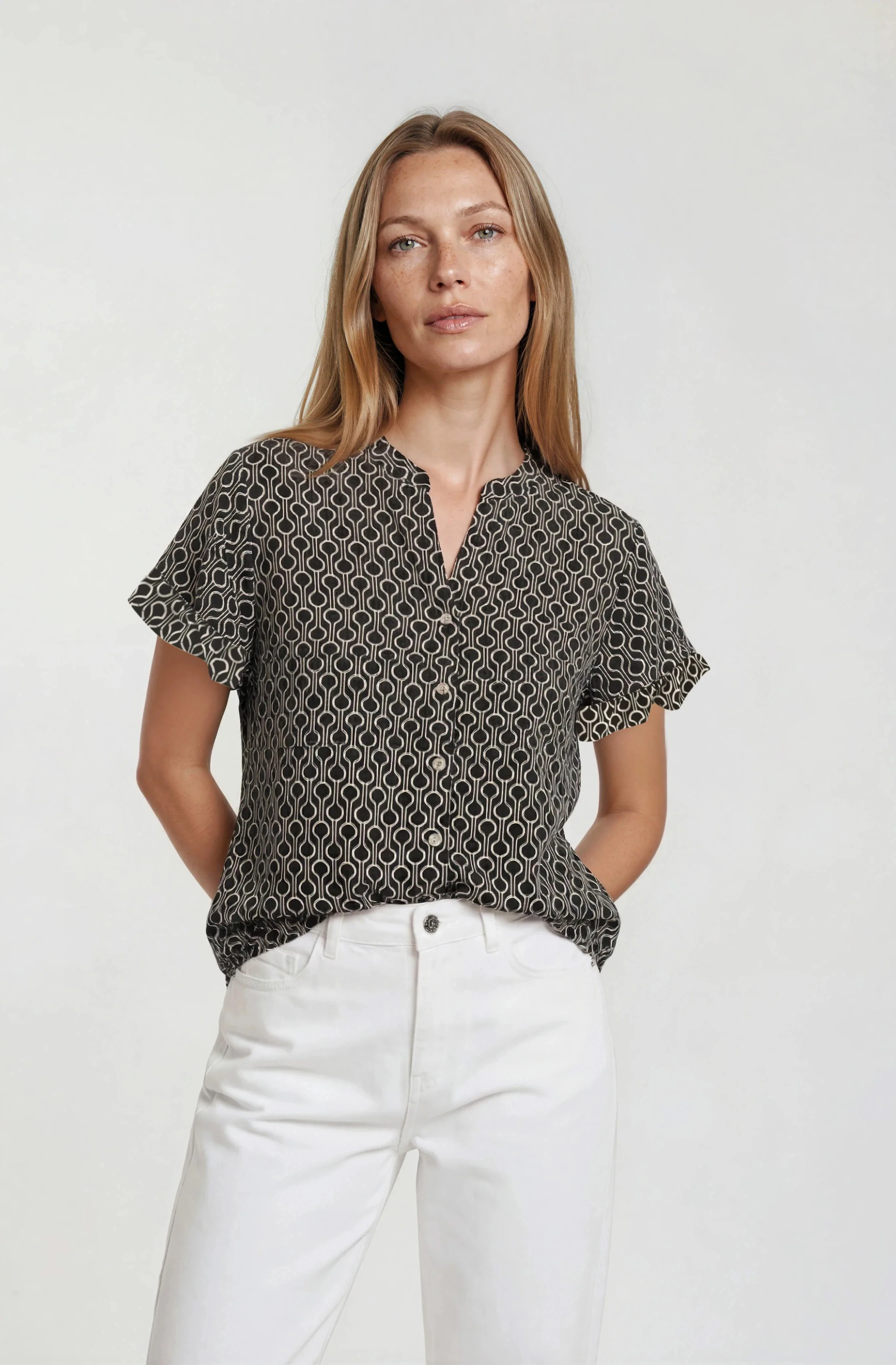 Ruffle Sleeve Button Up Top - Black