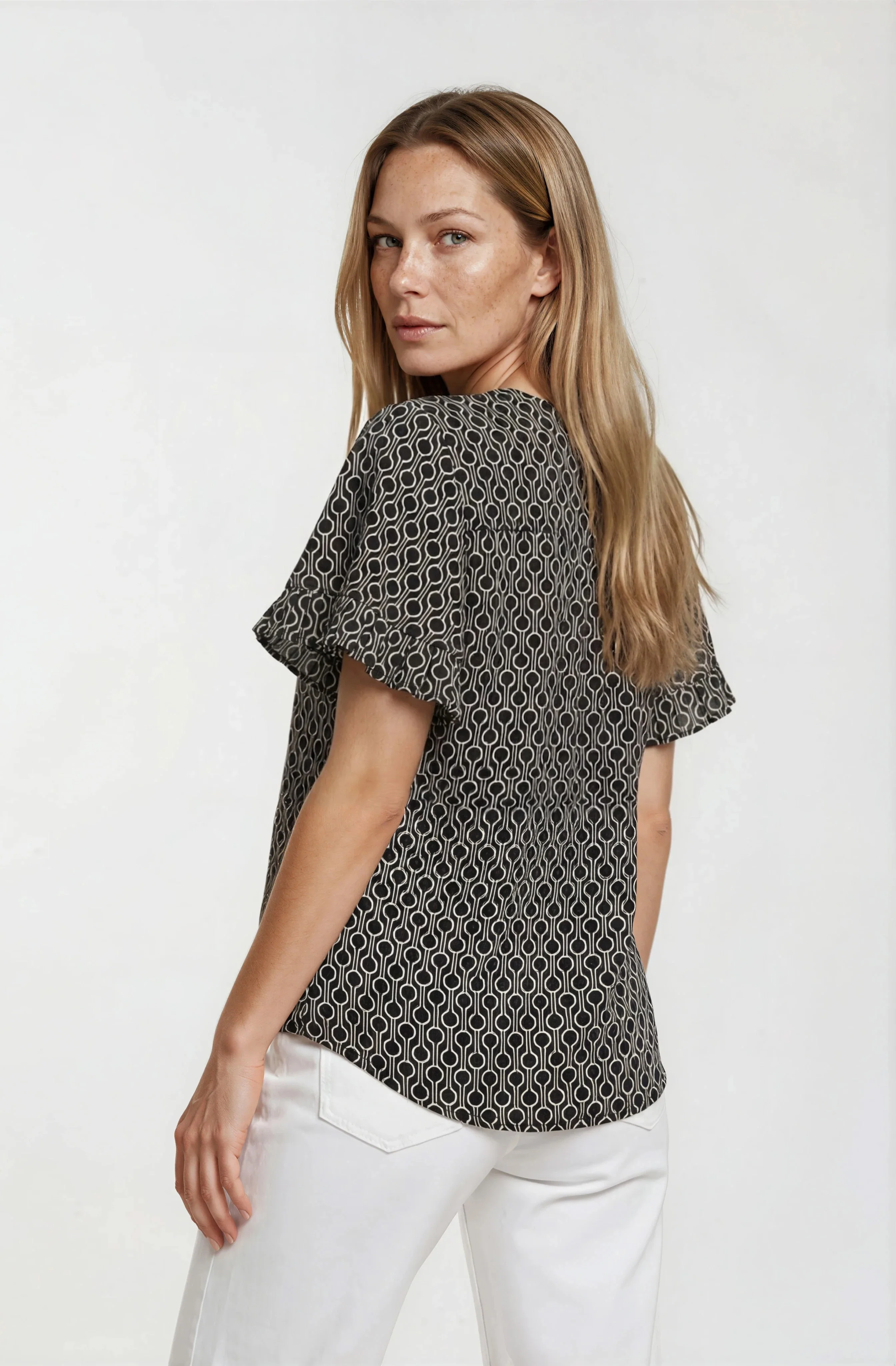 Ruffle Sleeve Button Up Top - Black - Image 2