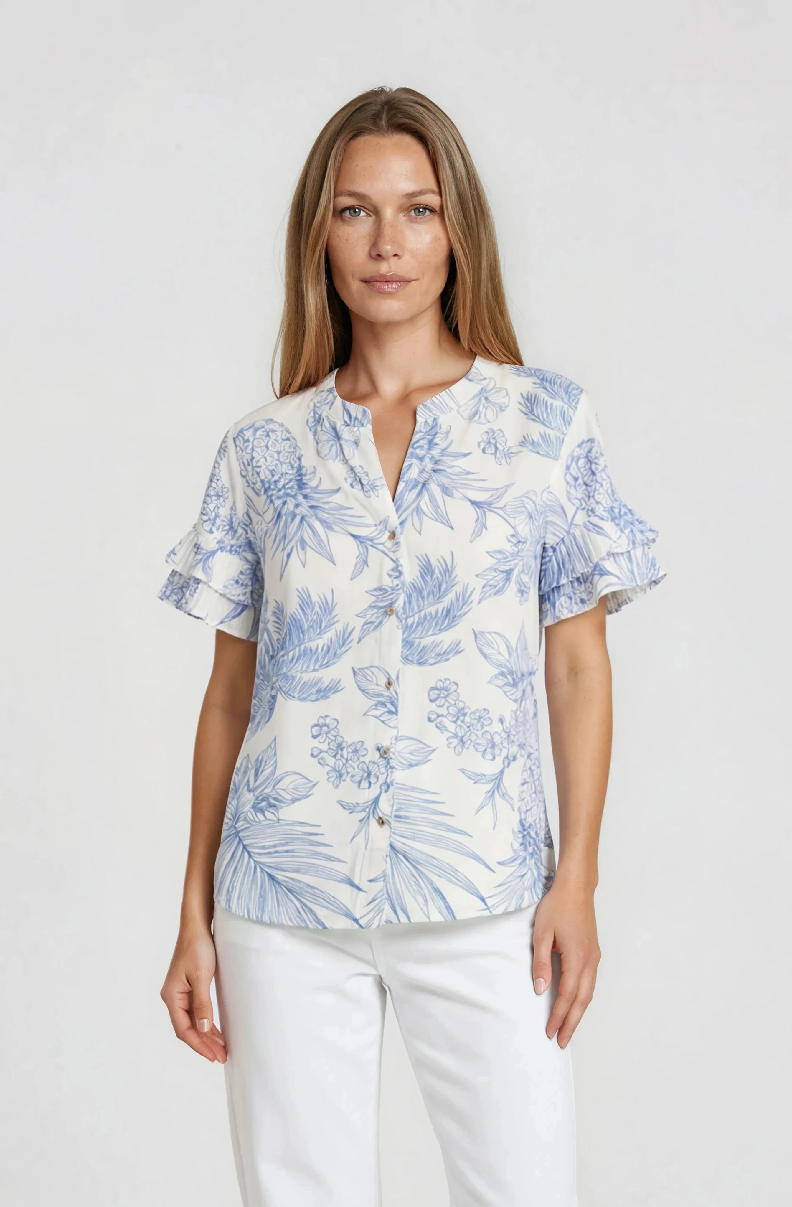 Ruffle Sleeve Button Up Top - White