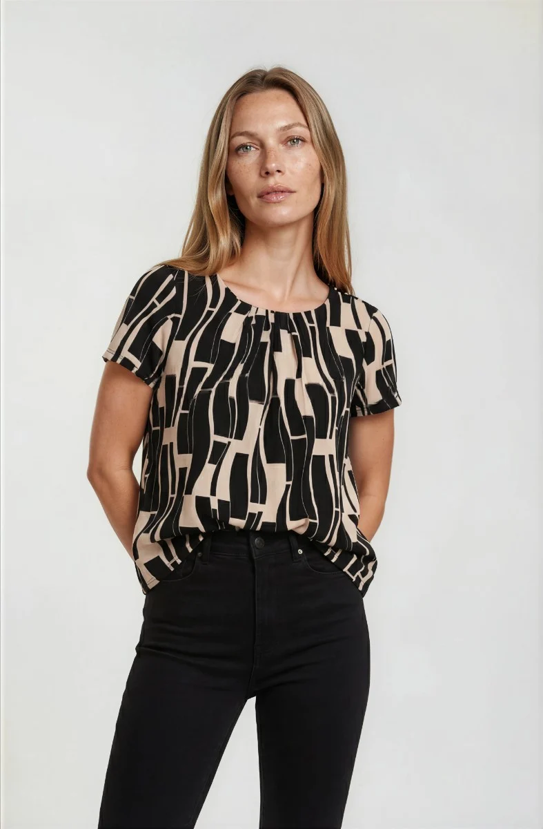 Short Sleeve Pleated Neck Top - Beige