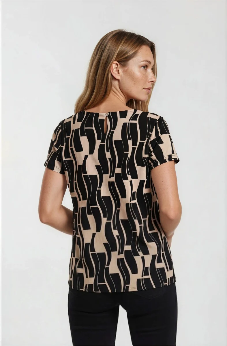 Short Sleeve Pleated Neck Top - Beige - Image 2