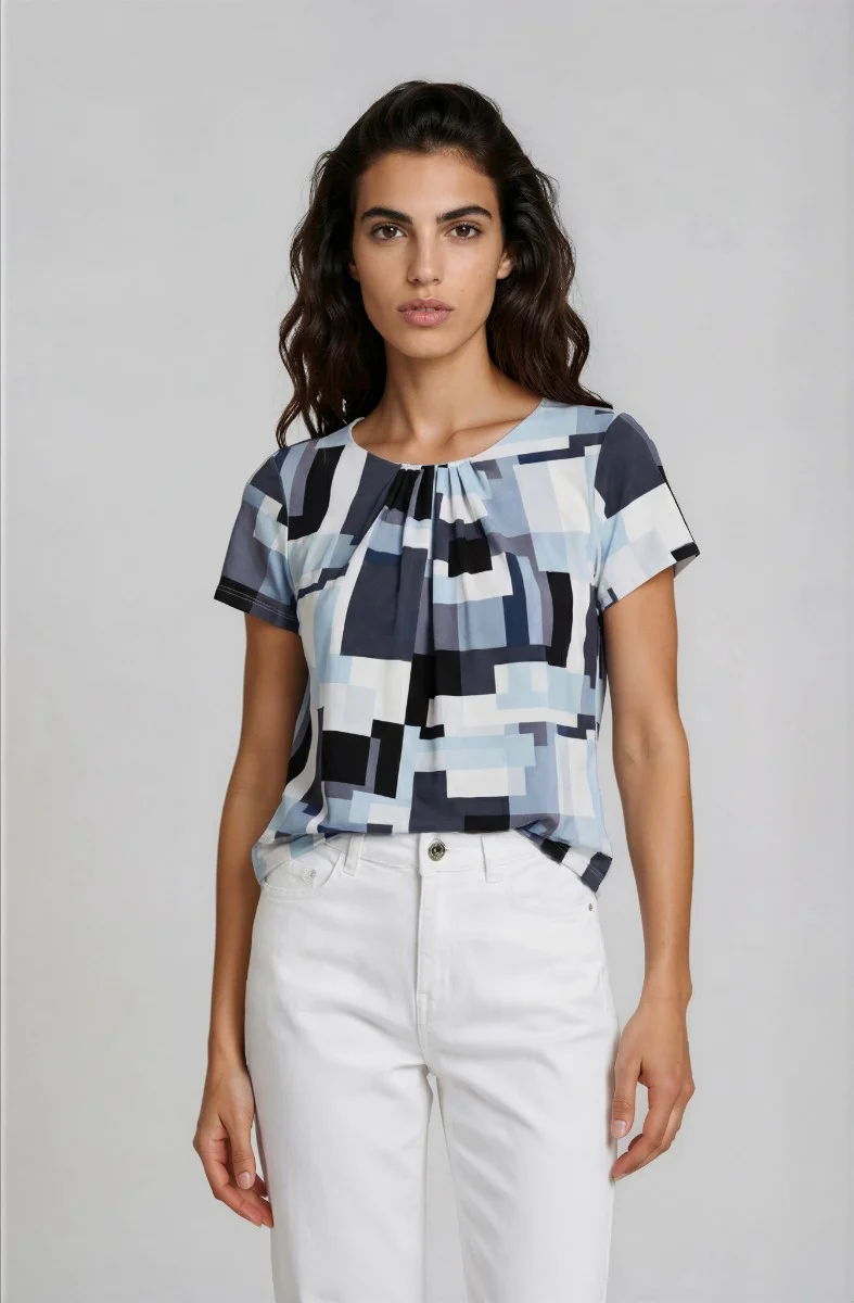 Short Sleeve Pleated Neck Top - Blue