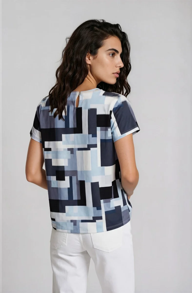 Short Sleeve Pleated Neck Top - Blue - Image 2