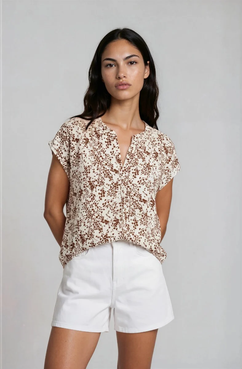 V Neck Printed Blouse - Cream