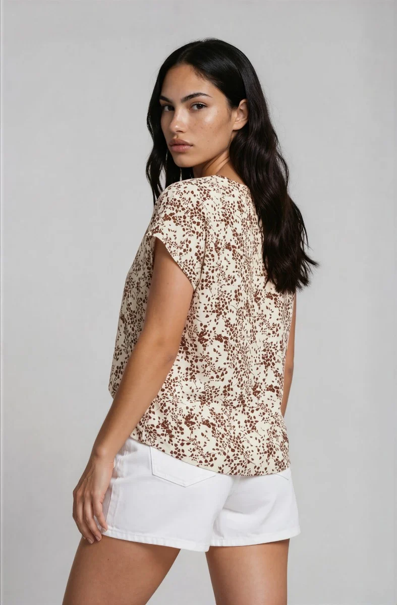 V Neck Printed Blouse - Cream - Image 2
