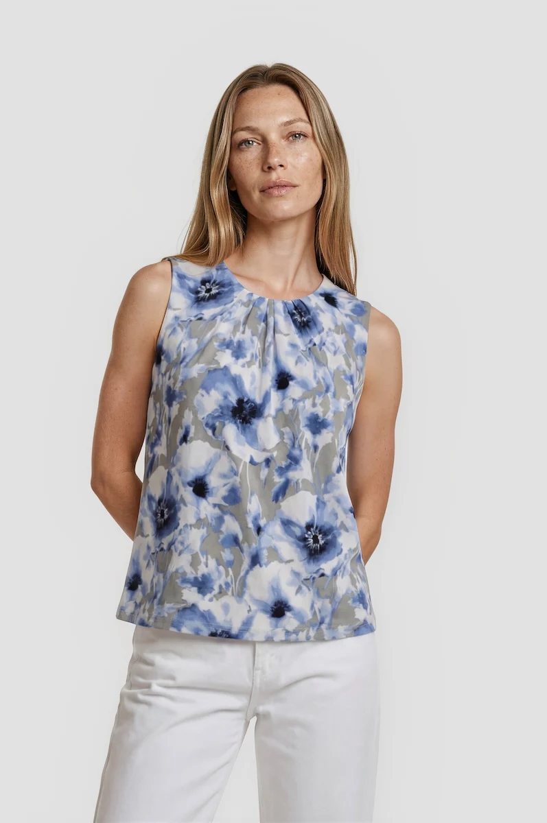 Sleeveless Pleated Neck Top - Blue