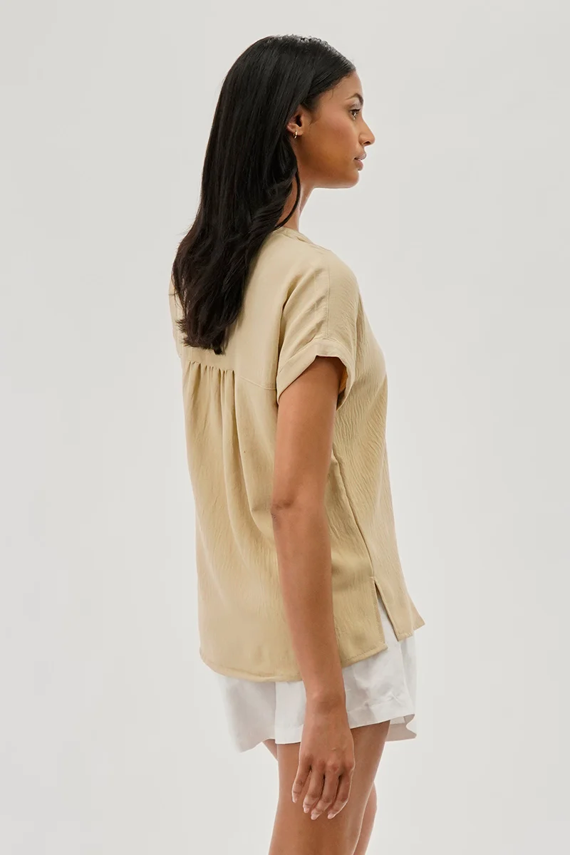 Vintage V-Neck Short Sleeve Blouse - Beige - Image 3