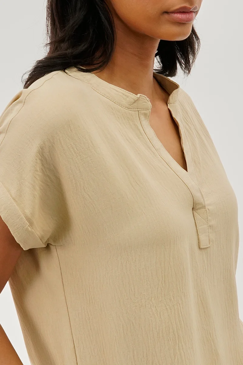 Vintage V-Neck Short Sleeve Blouse - Beige - Image 4