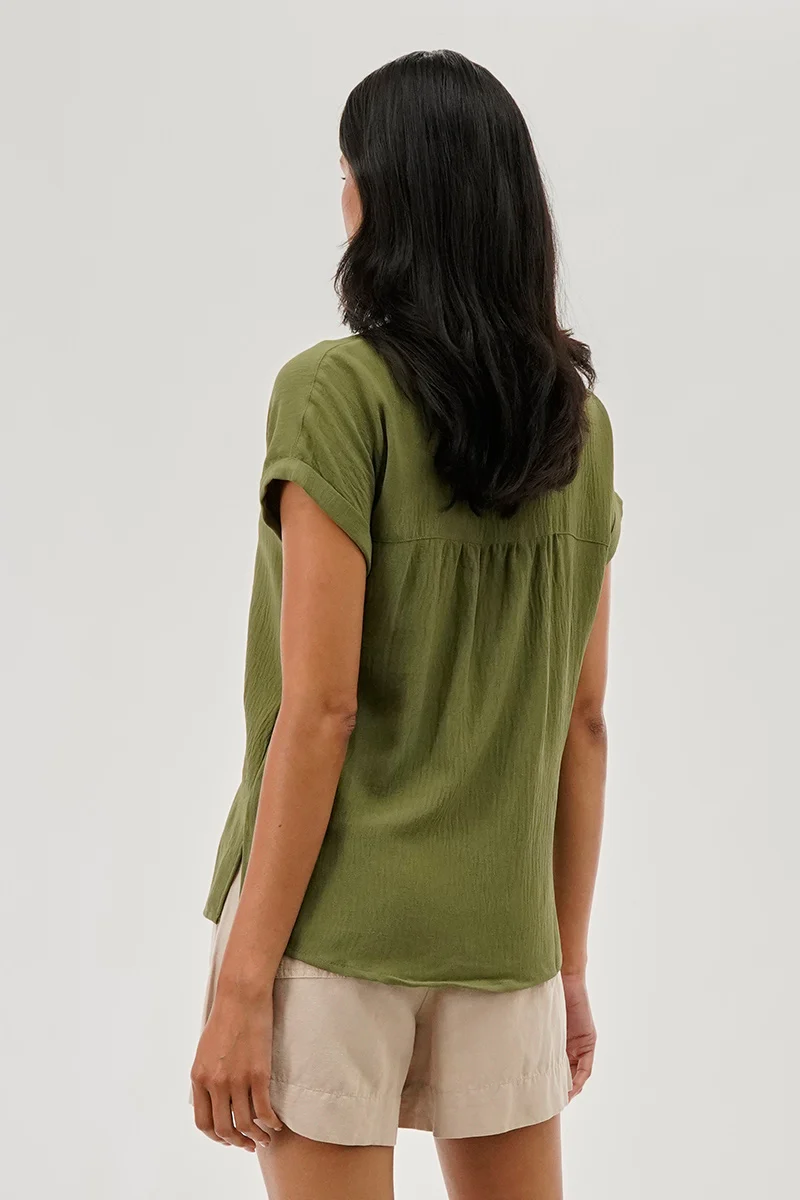 Vintage V-Neck Short Sleeve Blouse - Olive - Image 3