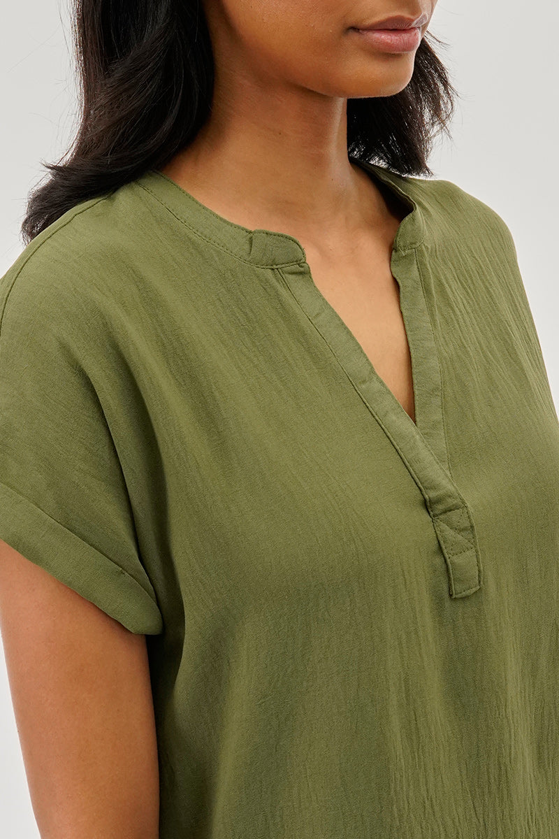 Vintage V-Neck Short Sleeve Blouse - Olive - Image 4