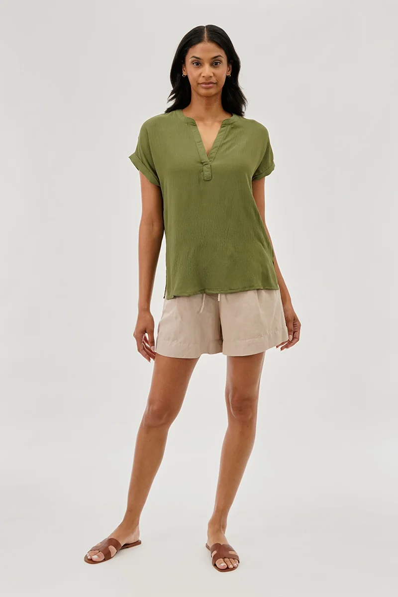 Vintage V-Neck Short Sleeve Blouse - Olive - Image 5