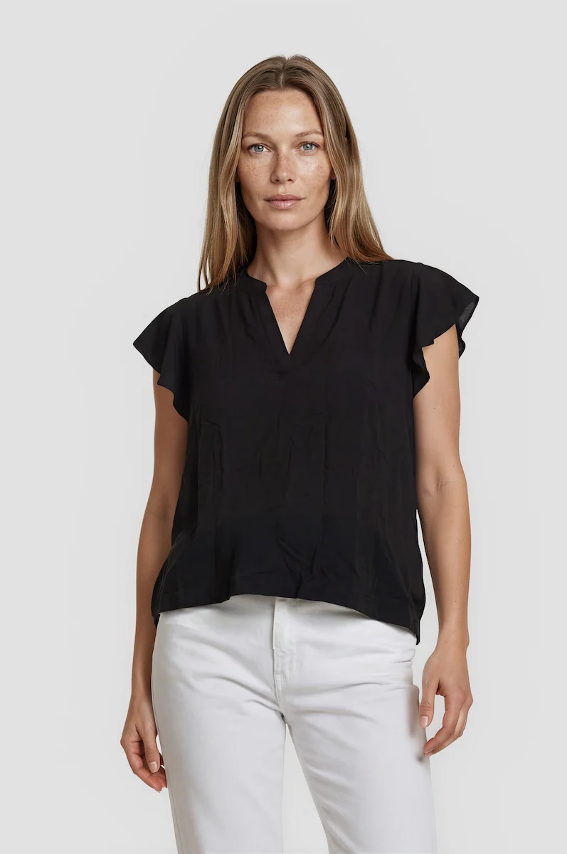 Cap Sleeve V Neck Shirt - Black