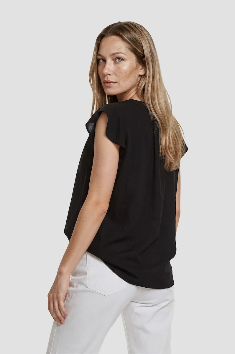 Cap Sleeve V Neck Shirt - Black - Image 2