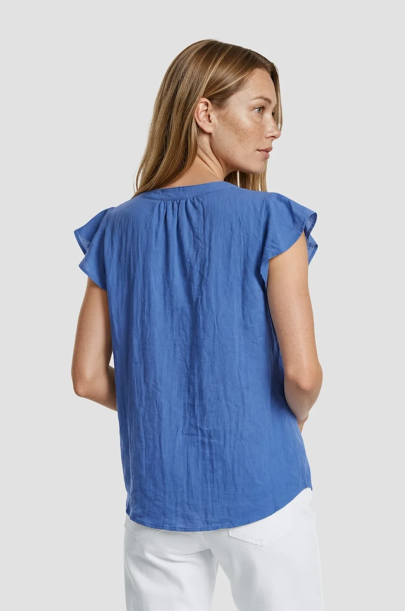 Cap Sleeve V Neck Shirt - Blue - Image 2