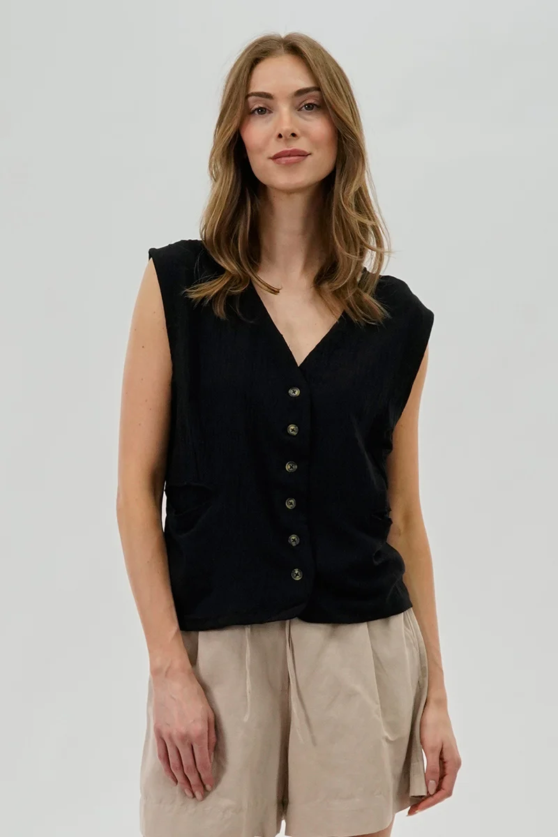 Vintage Button Up Sleeveless Shirt - Black