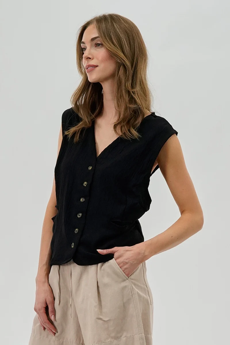 Vintage Button Up Sleeveless Shirt - Black - Image 2