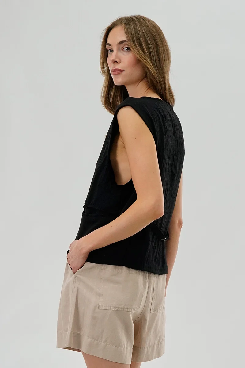 Vintage Button Up Sleeveless Shirt - Black - Image 3