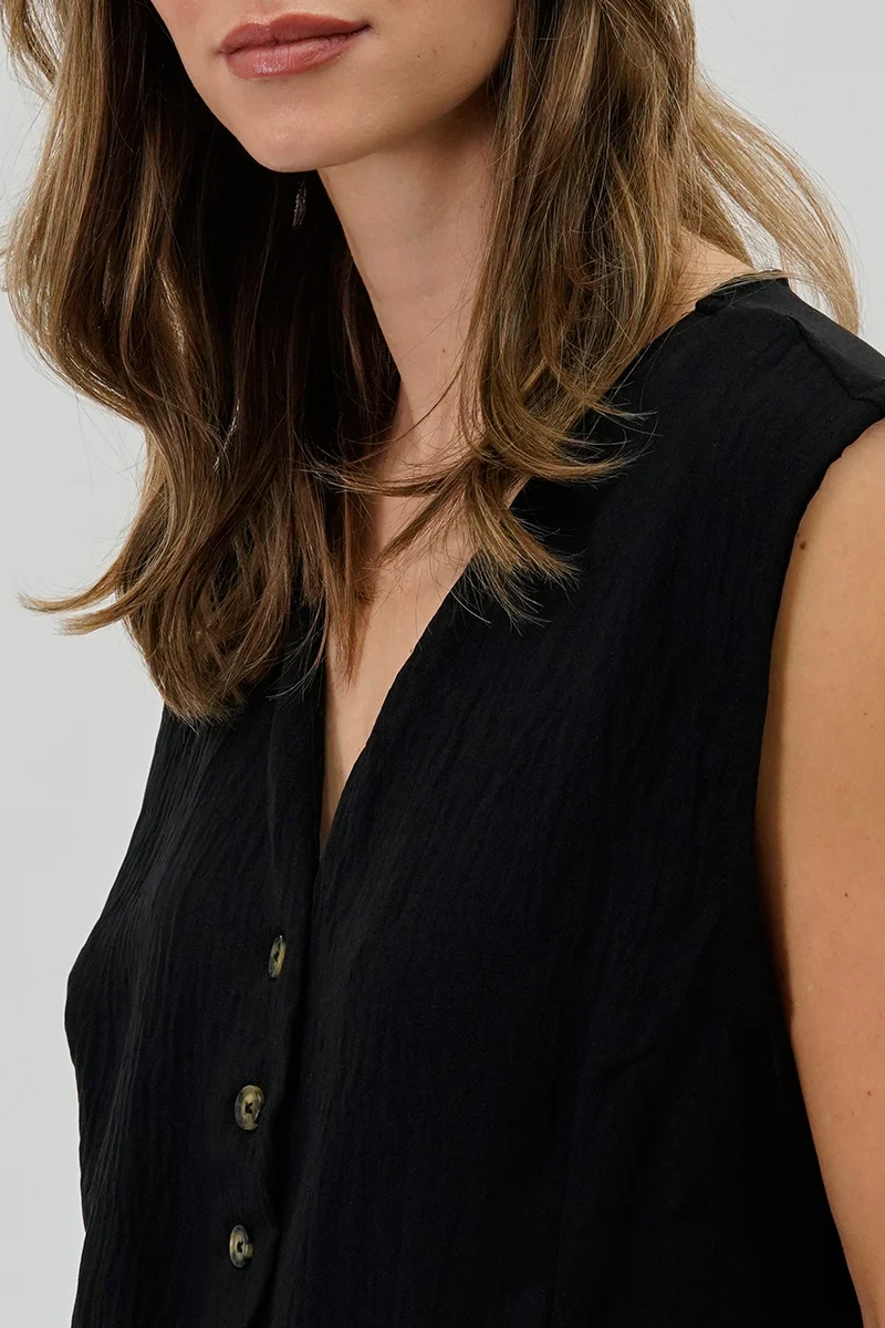 Vintage Button Up Sleeveless Shirt - Black - Image 4