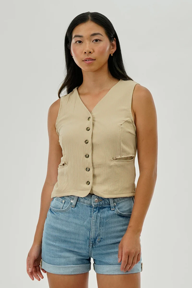 Vintage Button Up Sleeveless Shirt - Beige