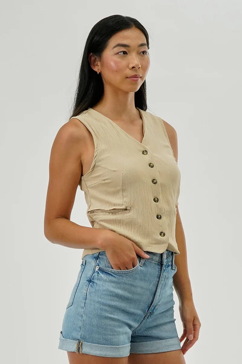 Vintage Button Up Sleeveless Shirt - Beige - Image 2