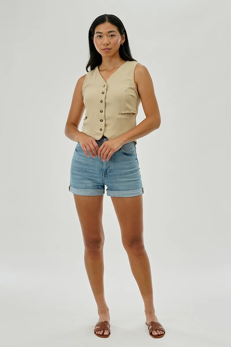 Vintage Button Up Sleeveless Shirt - Beige - Image 5