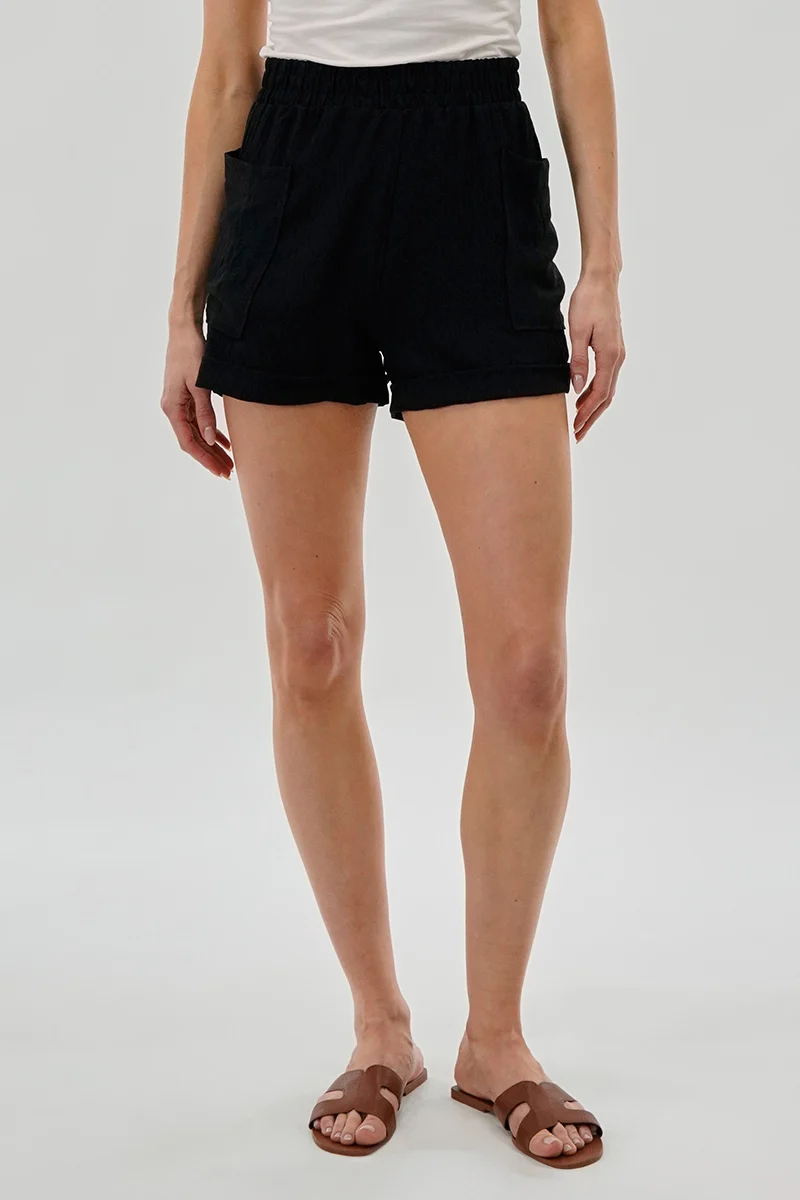 Vintage Textured Elastic Waist Shorts - Black