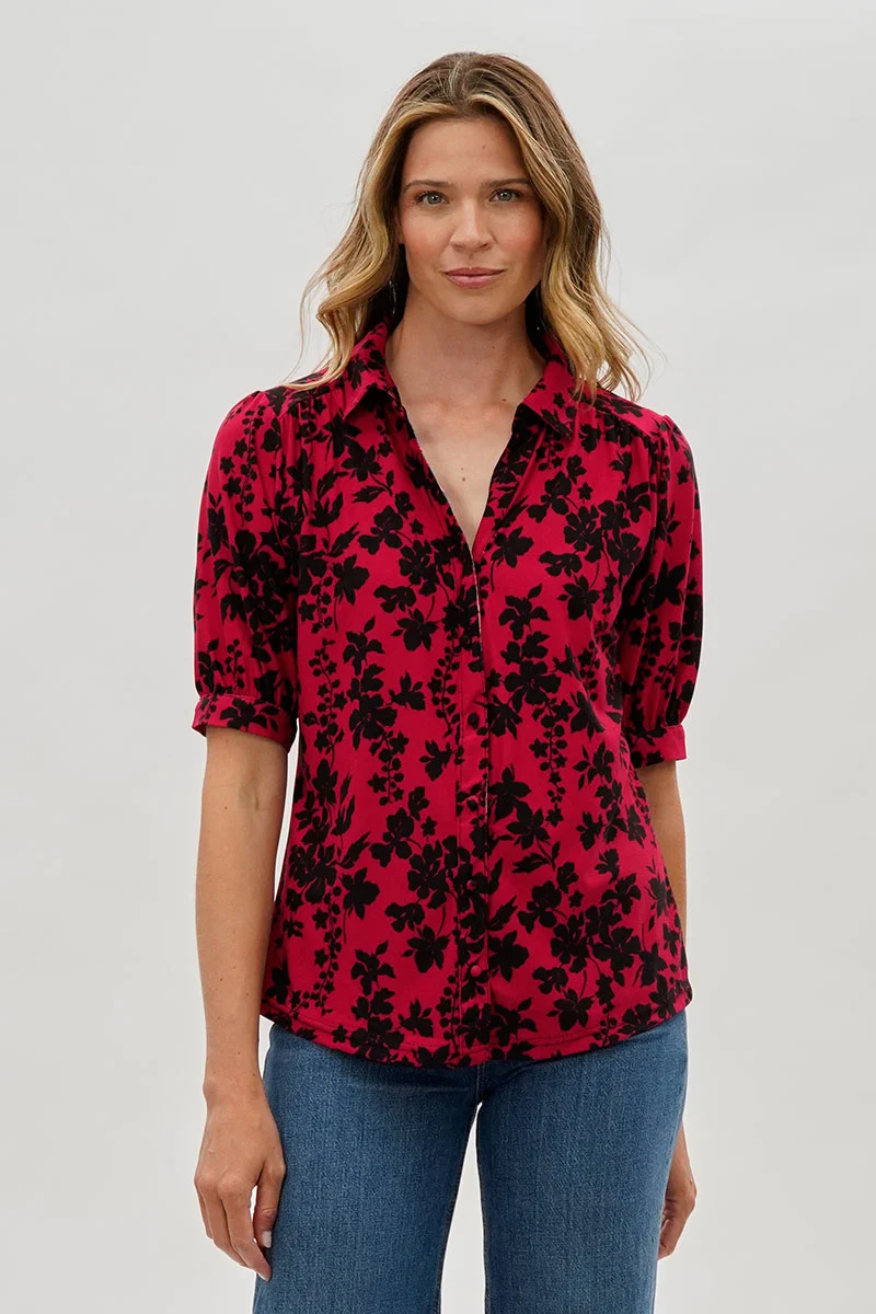 Floral Puff Sleeve Button Down Blouse - Red