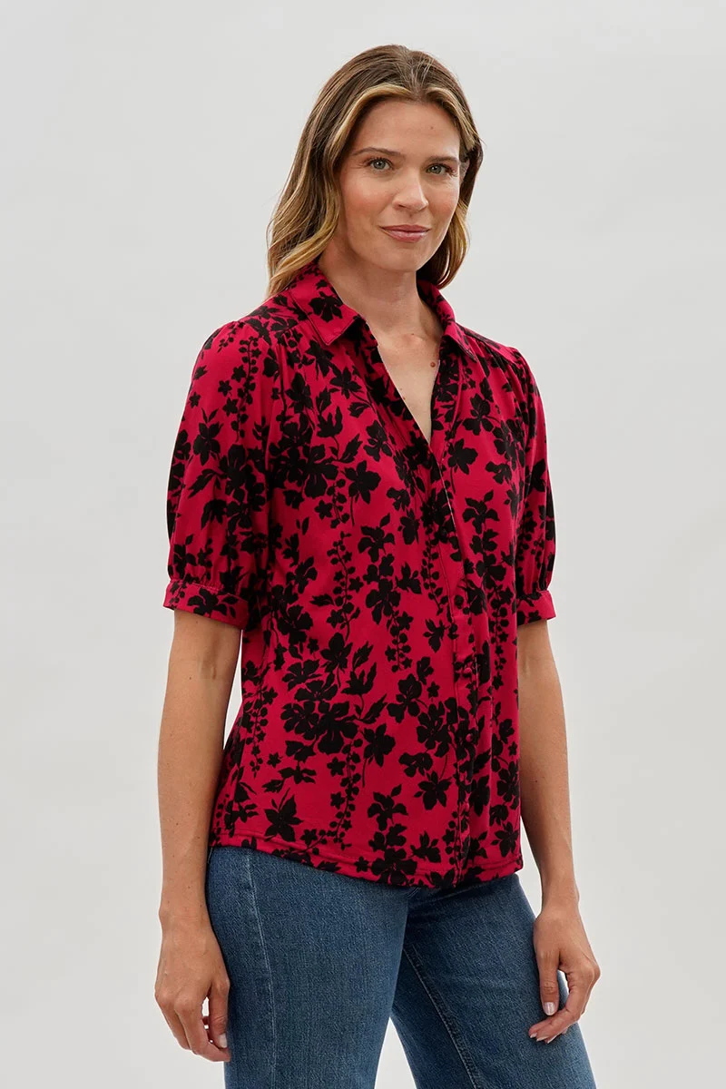 Floral Puff Sleeve Button Down Blouse - Red - Image 2