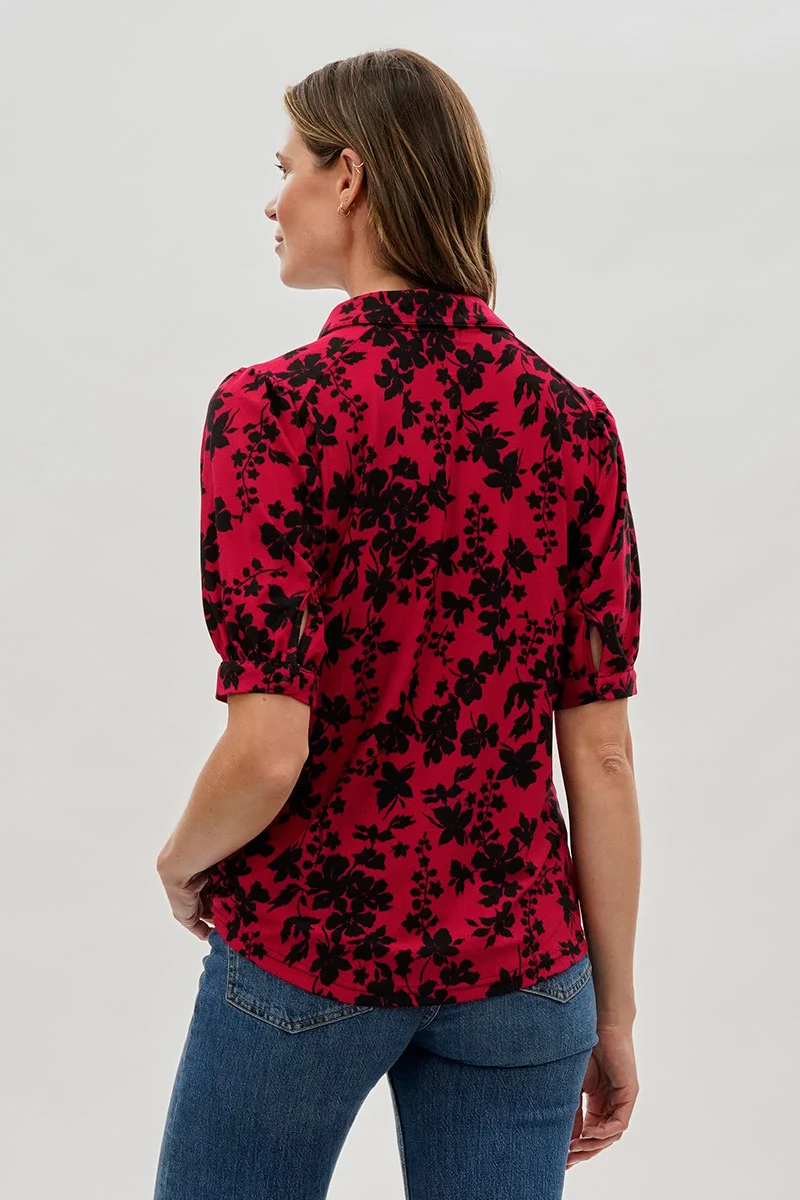 Floral Puff Sleeve Button Down Blouse - Red - Image 3